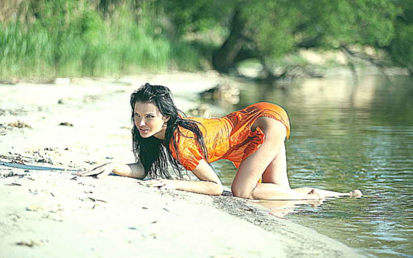 берег, оранжевое, мокрая, платье, жара, лето