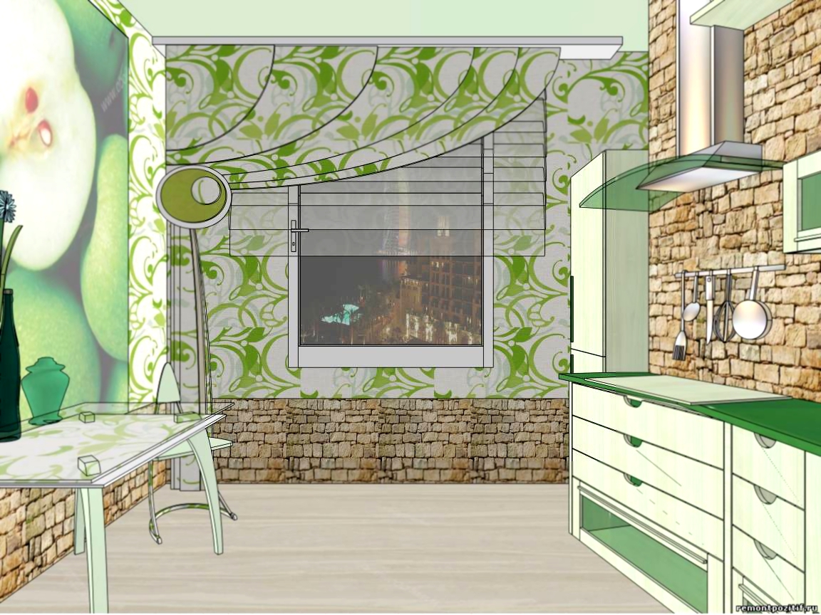 В нашем дизайн-проекте мы поставили на одну сторону кухни 6 кв метров небольшой кухонный гарнитур, который содержит верхние полочки и нижние со встроенной