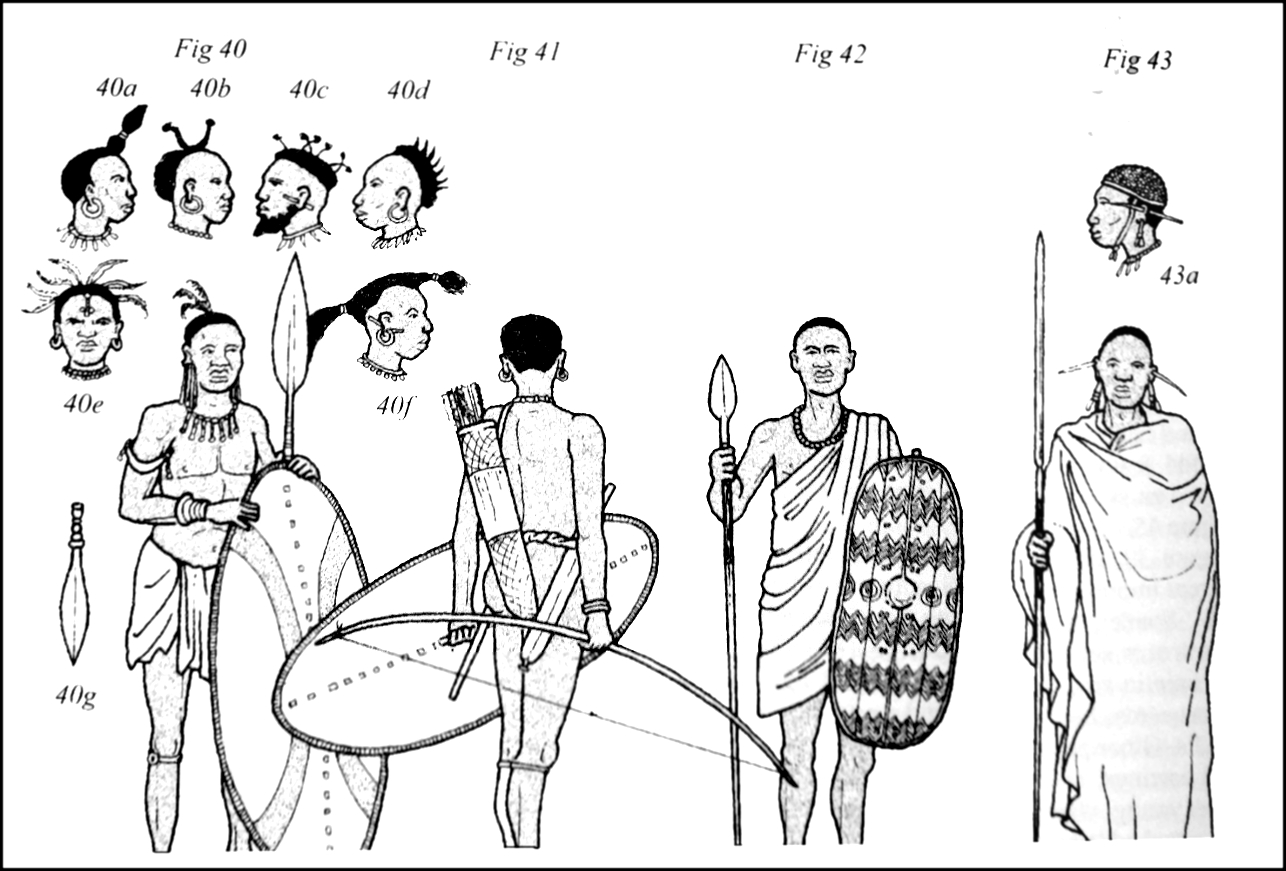 40. Воин народа гого и разновидности мужских причесок. 41 - 43. Воины народа масаи.